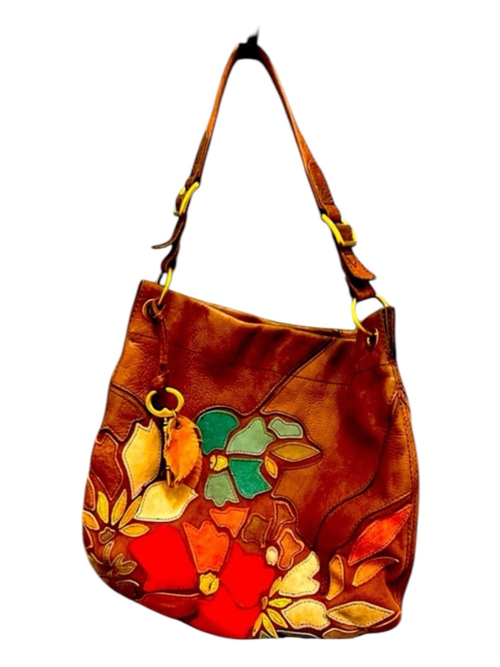 RARE Fossil Desi Flower Hobo Y2K Bag Genuine Leather Purse Key Fob Charm